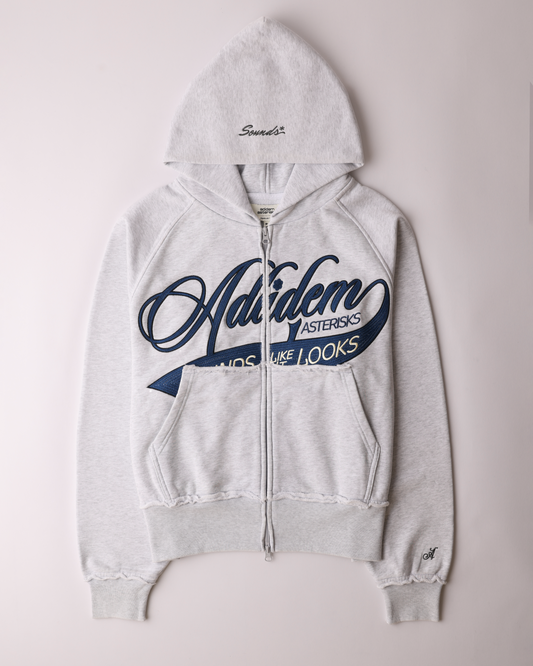 Cursive Chainstitch Ribbon Hoodie - Grey