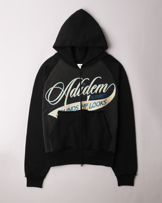 Cursive Chainstitch Ribbon Hoodie - Black